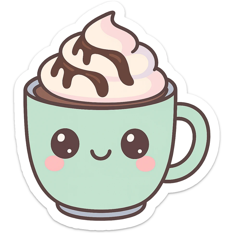 kawaii style cup of mocha, cute smiling face on the mug, pastel colors, whipped cream and chocolate drizzle, adorable and cheerful sticker