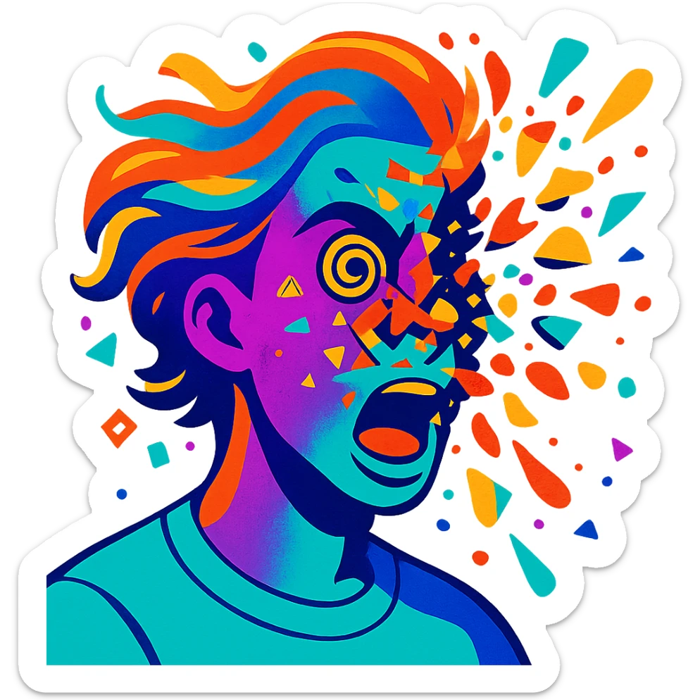 person with acid purple and turquoise neon skin, face breaking apart in colorful explosion, airbrushed, hair as flowing liquid color, spiral eyes, geometric accents, paint flecks, energetic motion sticker
