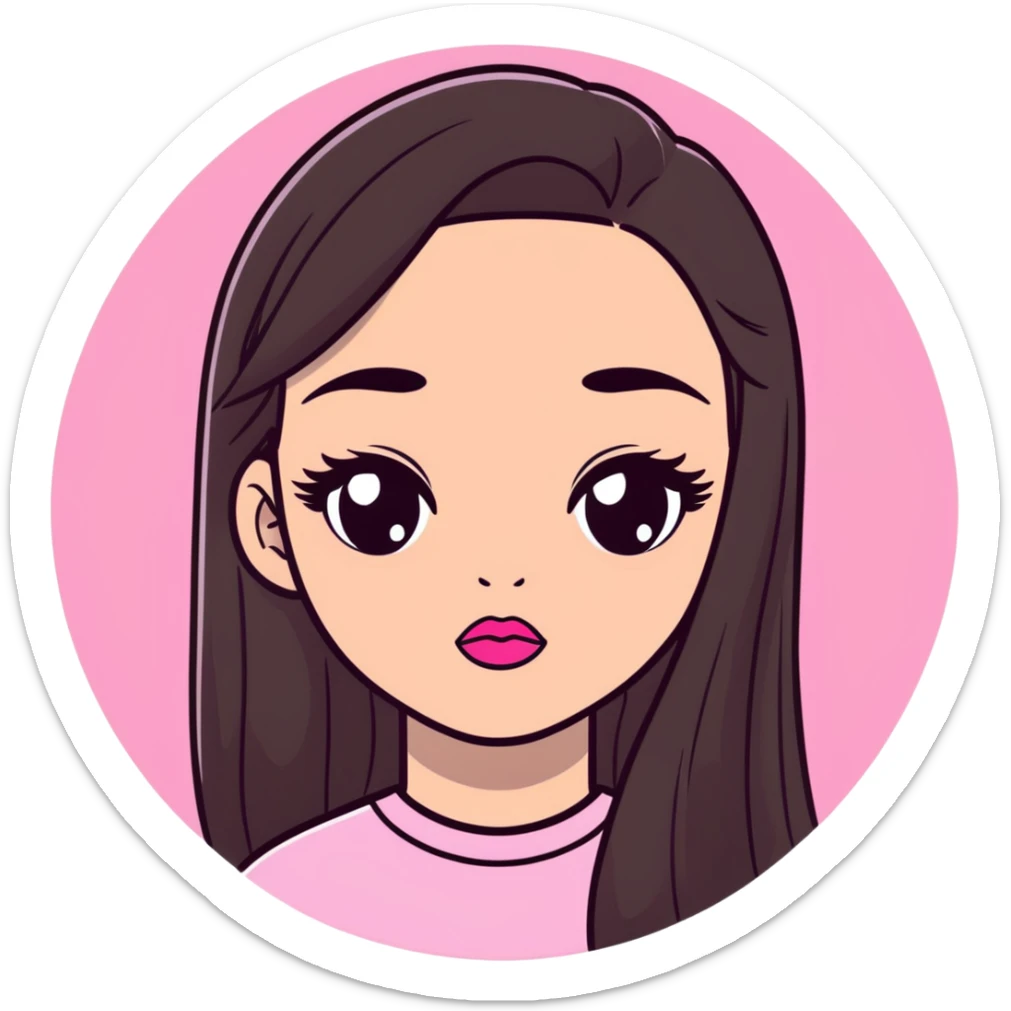 girl with lighter skin, dark brown long straight hair, pouty shiny lips with pink lip gloss, large eyes with eyelashes, pink blush on cheeks, inner eye highlighted with white eyeliner, lighter button nose, long oval-shaped face sticker