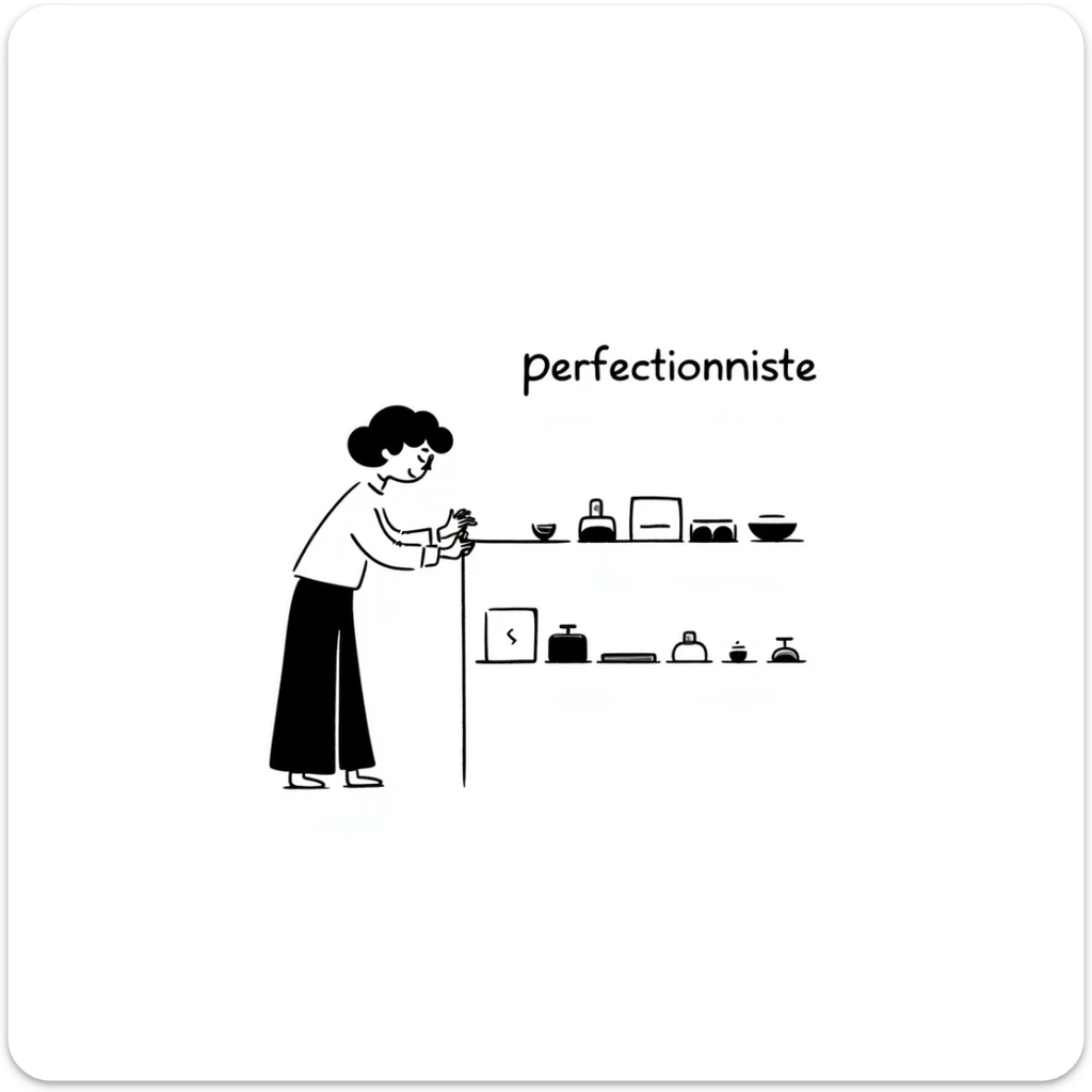 hand-drawn doodle of a perfectionist organizing objects in a straight line, neat and tidy, with text 'perfectionniste' sticker