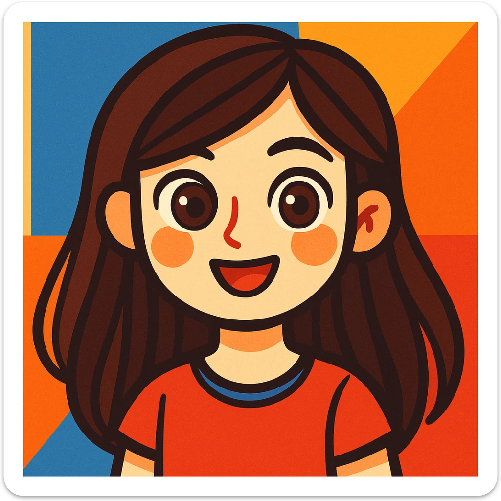 pale skin girl with long brunette hair and brown eyes, vibrant cartoon style sticker