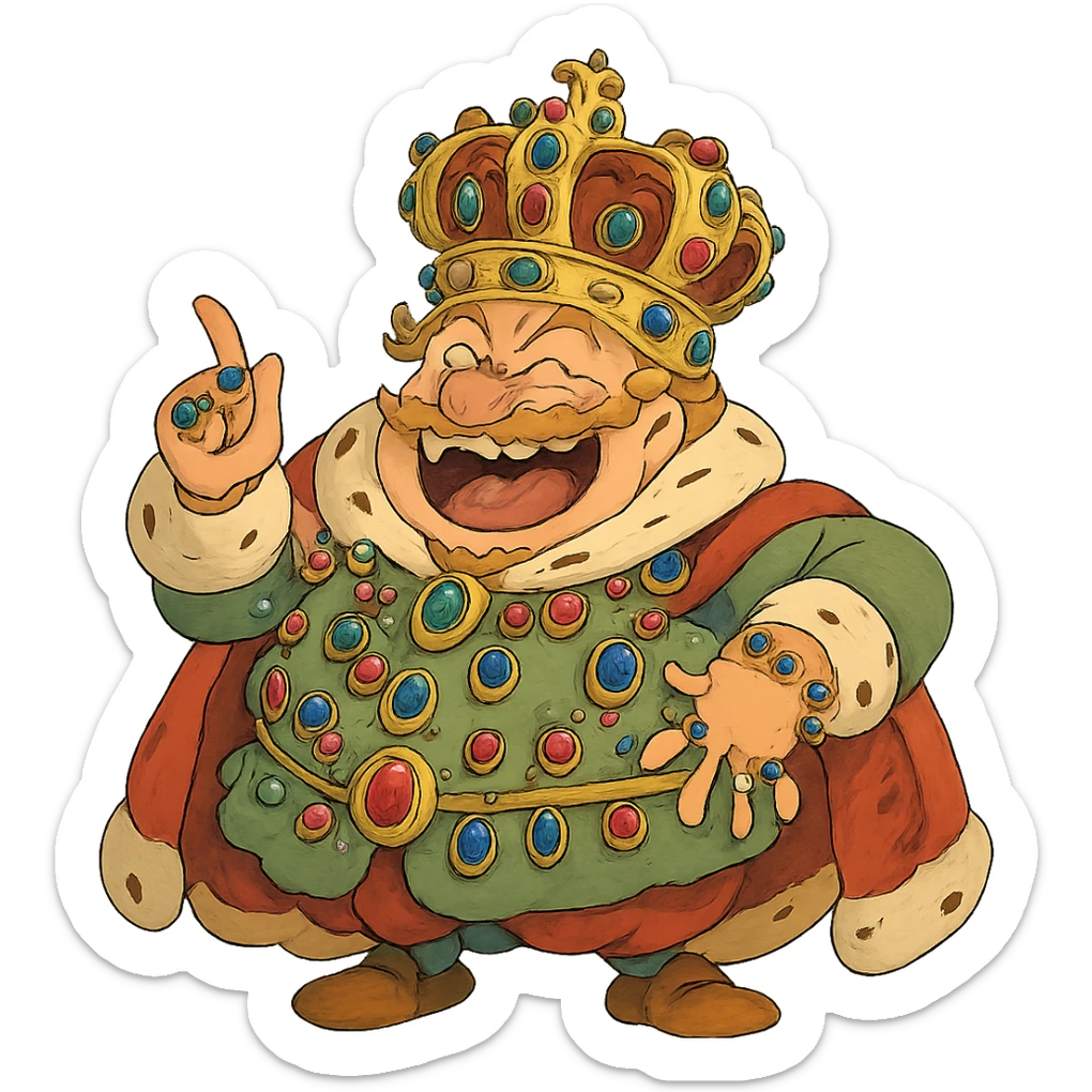 silly, over-the-top king with a giant crown and too many jewels, fun and excessive sticker