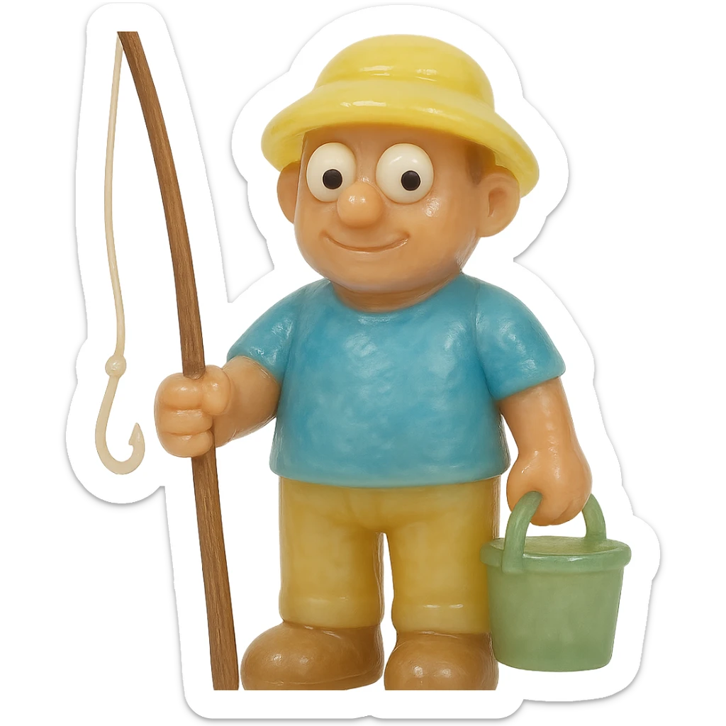Make the fisherman have a wooden fishing pole and ensure the entire character is fully visible from head to toe (no cropping). The style is full-body, retro 90's toy, very transparent and slightly see-through, natural tan skin, blue shirt, yellow hat, pants, derpy eyes (large white eyeballs with small black pupils looking in different directions), soft plastic texture, soft reflections, soft and squishy, some cloudiness, not shiny, highly detailed, appealing, no tag, no background. sticker