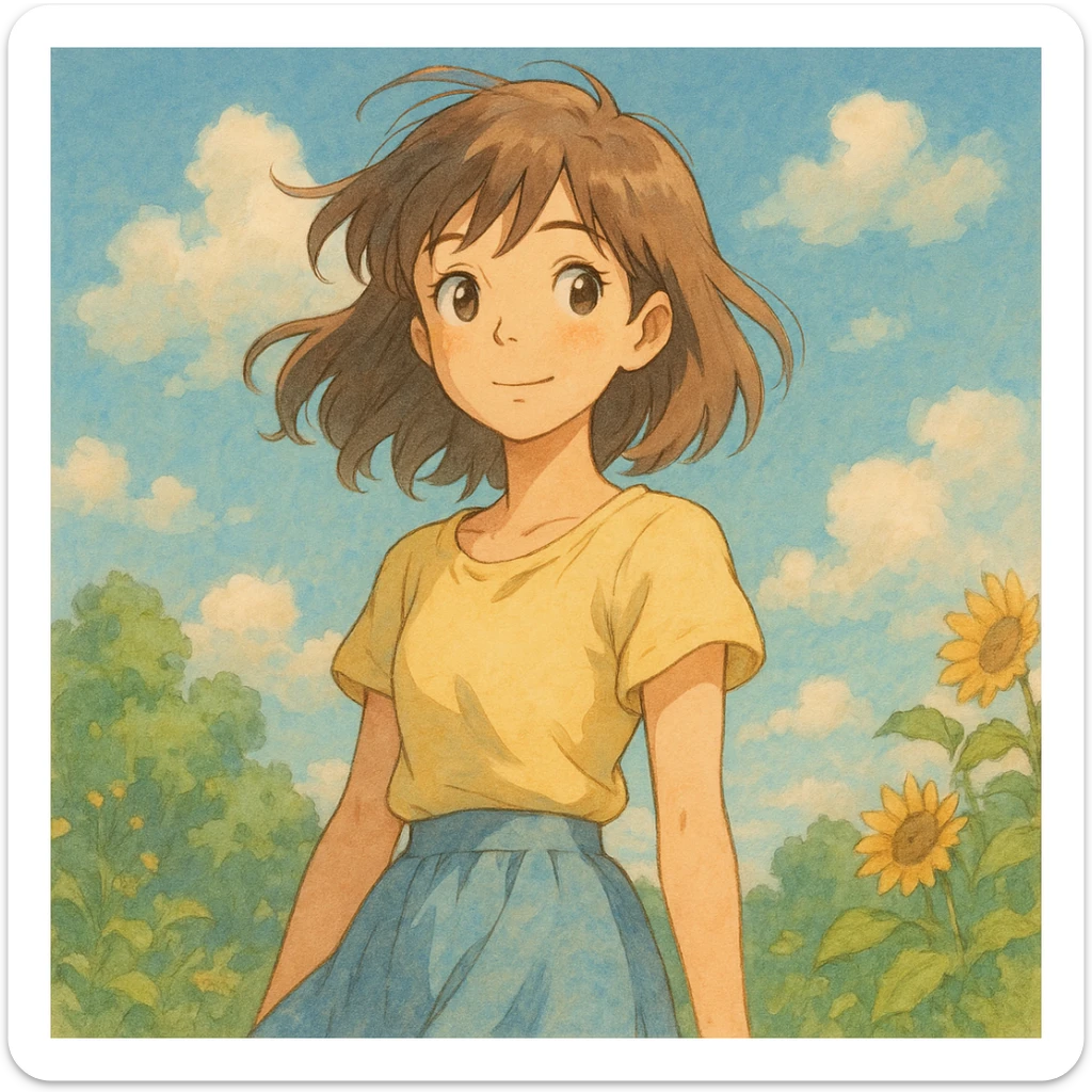 summer girl, ghibli style, soft colors, detailed, anime inspired sticker
