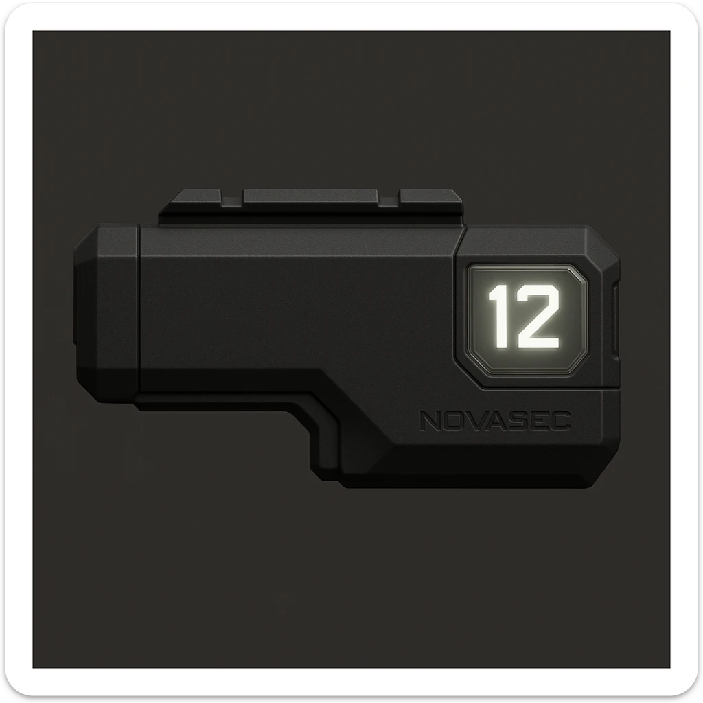 3D-rendered orthographic left view of the NOVASEC LUMA 12 underbarrel firearm attachment: compact, single-piece black matte module, elongated rectangular shape with beveled edges, glowing white prism-shaped ammo counter displaying '12' with cut corners and transparent cover, attachment rail insert on top, minimal tactical design, subtle NOVASEC branding, dark neutral background, soft lighting, no perspective or tilt, technical reference style sticker