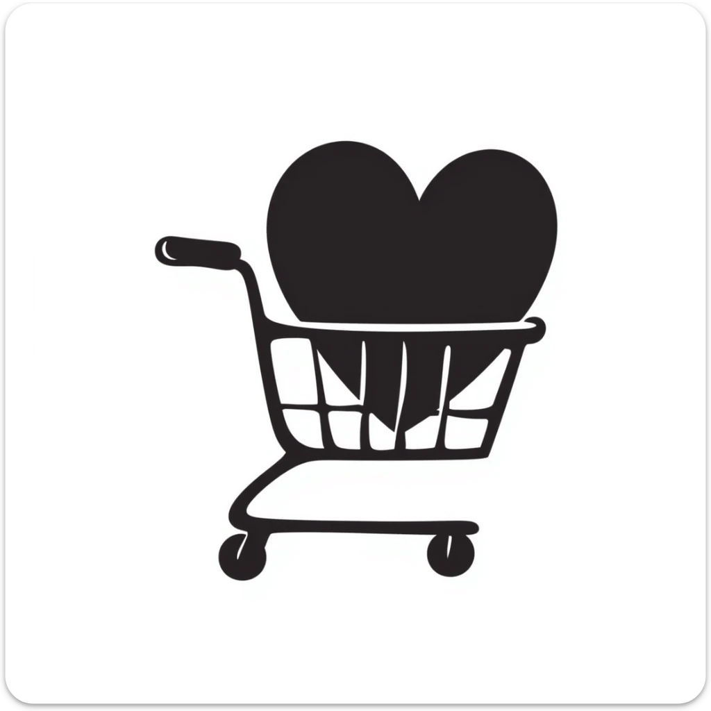 hand-drawn doodle of a shopping cart with a big red heart inside sticker
