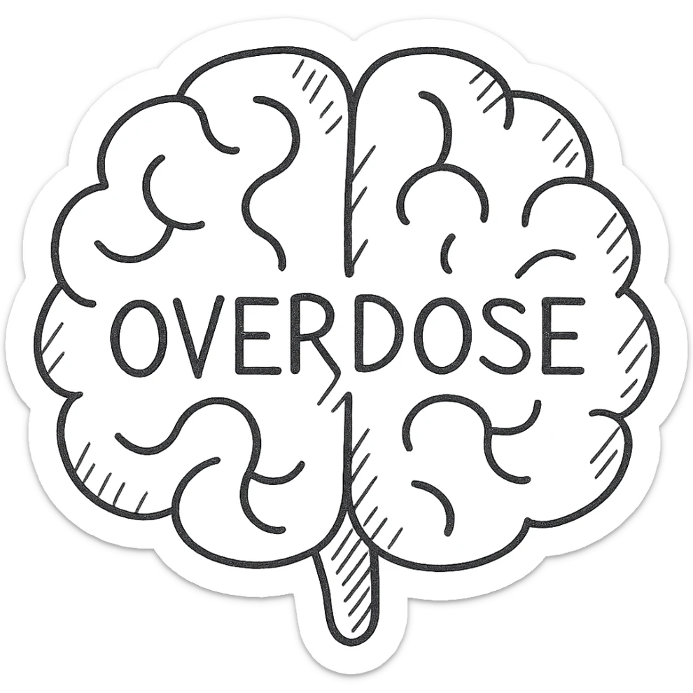 Add the word 'overdose' in the middle of the brain icon in hand drawn black outline style. sticker