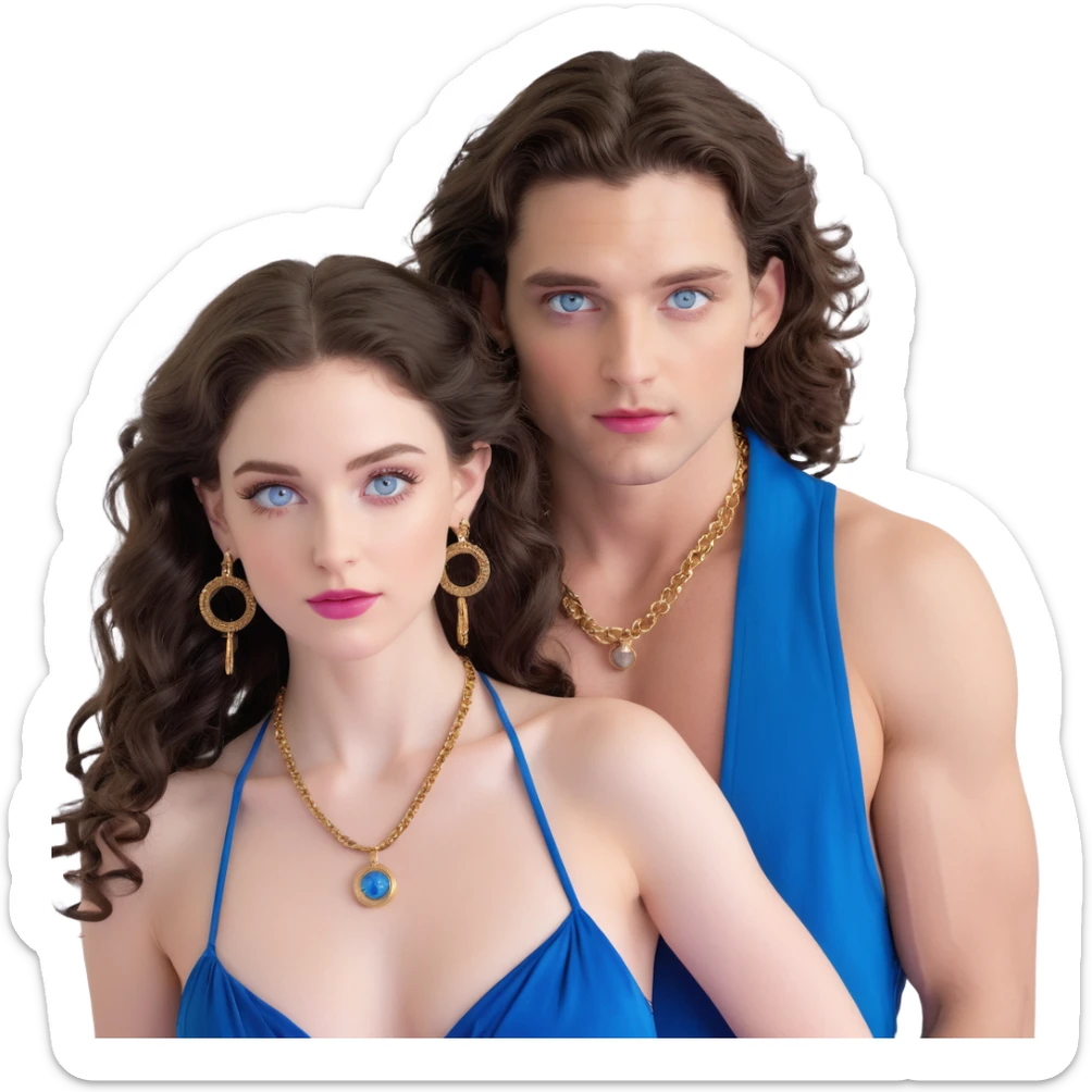 attractive couple with baddie energy, woman with big blue-grey eyes, long lashes, pale skin, pink lips, long voluminous dark brown curls, gold hoop earrings, revealing silky halter top next to handsome man with intense blue-grey eyes, chiseled features, pale skin, confident smirk, dark brown styled hair, gold chain, revealing open shirt sticker