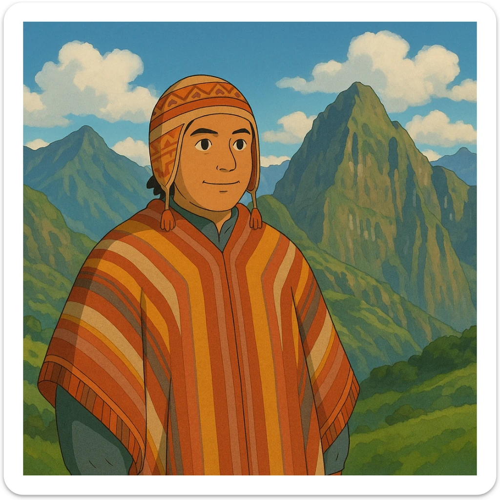 peruano con poncho y fondo de montañas andinas sticker