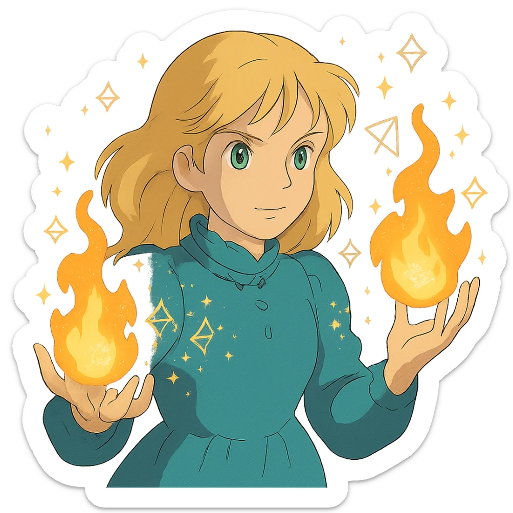 blonde woman with green eyes, fireballs in her hands, magical sparkles and glowing runes, ghibli style sticker