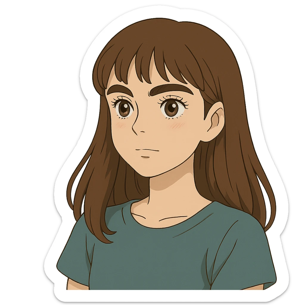 ghibli style pretty girl with thick eyebrows, straight brown hair and brown eyes, curled eyelashes sticker