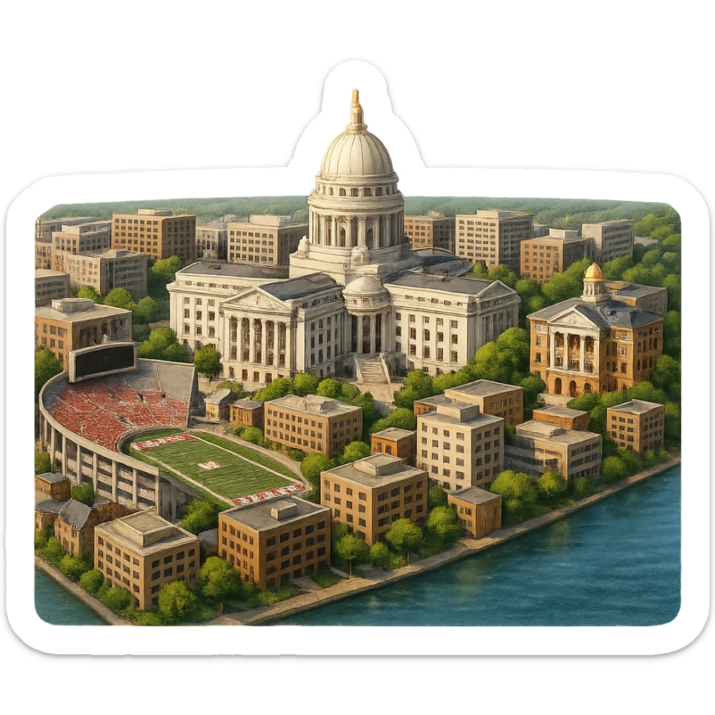 cinematic realistic emoji of Madison Wisconsin wide city view with iconic landmarks Wisconsin State Capitol Camp Randall Stadium Bascom Hill lakeshore lifelike detail accurate colors bright daytime lighting no sky no clouds no city name label transparent background sticker