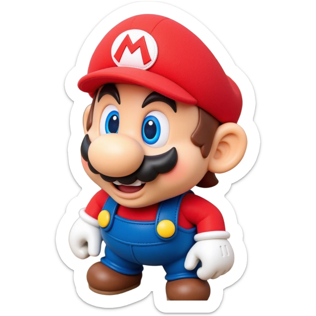 a worker in factoryA 3D-rendered head of a character inspired by Super Mario, facing slightly from front-left to right. The head should include his signature red cap with an ‘M’ sticker