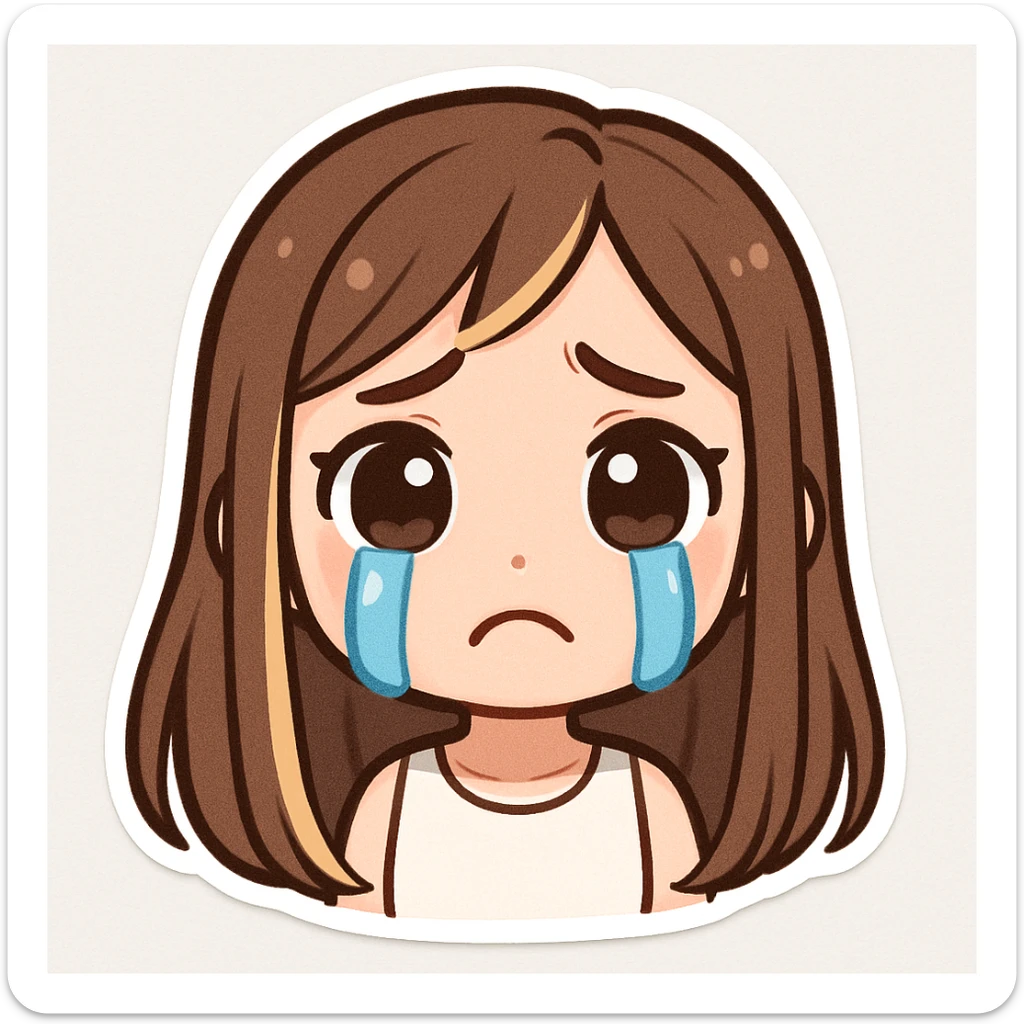 cute animated young woman with long straight light brown hair and prominent blonde highlights framing her face, fair skin, large expressive brown eyes looking straight ahead with a sad worried expression, neatly shaped eyebrows angled upwards in the middle, two large bright blue cartoon tears streaming down her face, mouth downturned in a frown, wearing a simple white sleeveless top, plain white background, character stands out, deeply upset and relatable sticker