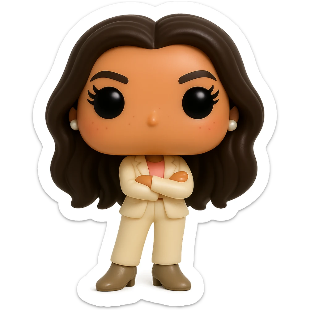 Create a Funko Pop style vinyl figure of Eva Longoria with luminous smooth tanned skin, extremely detailed dark hair, hyper-textured feminine cream suit (jacket and pants), small pearly earrings, greige leather boots clearly visible, arms crossed, rosy cheeks, very discreet freckles, eyelashes, mischievous and cheerful expression, no mouth, transparent background. sticker