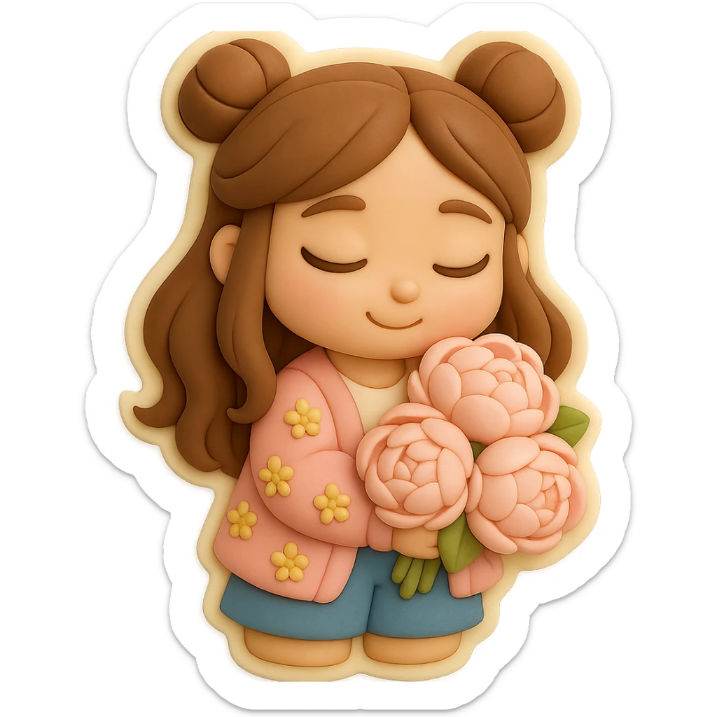 3D chibi fondant cake art style, high-quality rendering with smooth shadows and soft gradients. Girl based on reference image, preserving facial features and eye shape exactly as in the reference. Long brown hair styled in two space buns, brown eyes. Thick white outline like a sticker, transparent background. She is holding a bouquet of soft pink peonies in both hands, looking down at the flowers with a gentle, happy expression. sticker