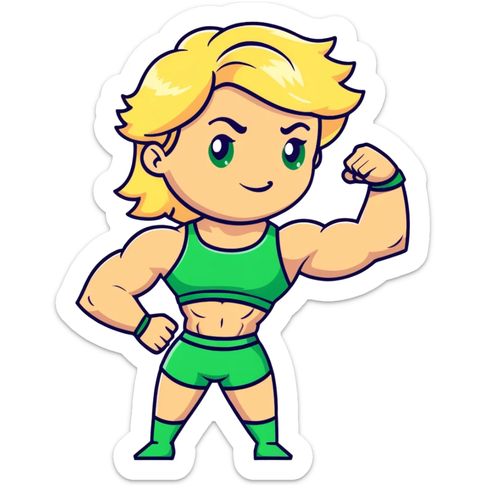 muscular white girl with blonde hair and green eyes, flexing 6 pack abs and one arm bicep sticker