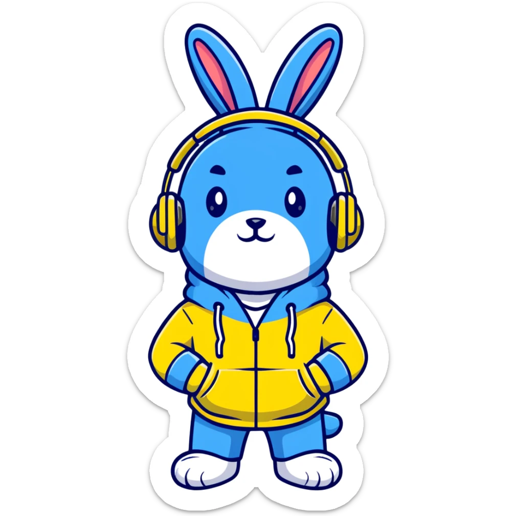 blue bunny in hoodie, one paw in pocket, headphones on sticker