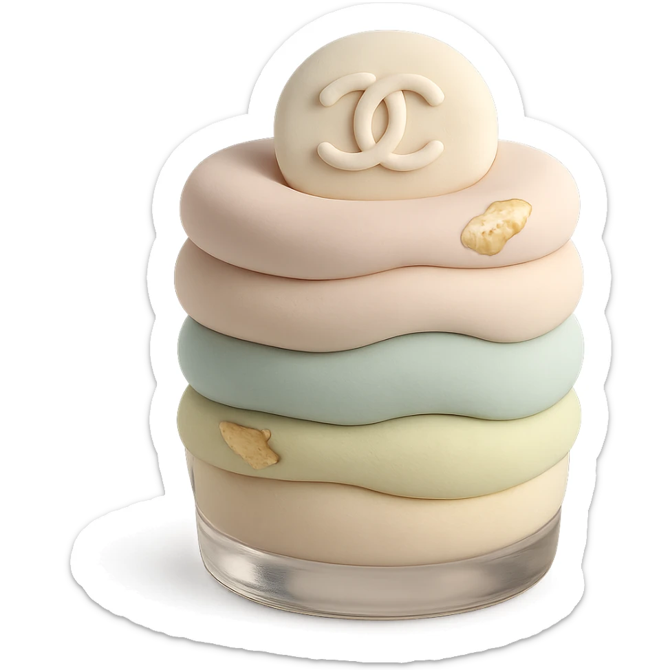 pastel Chanel layered dessert in a glass, with logo and gold leaf sticker