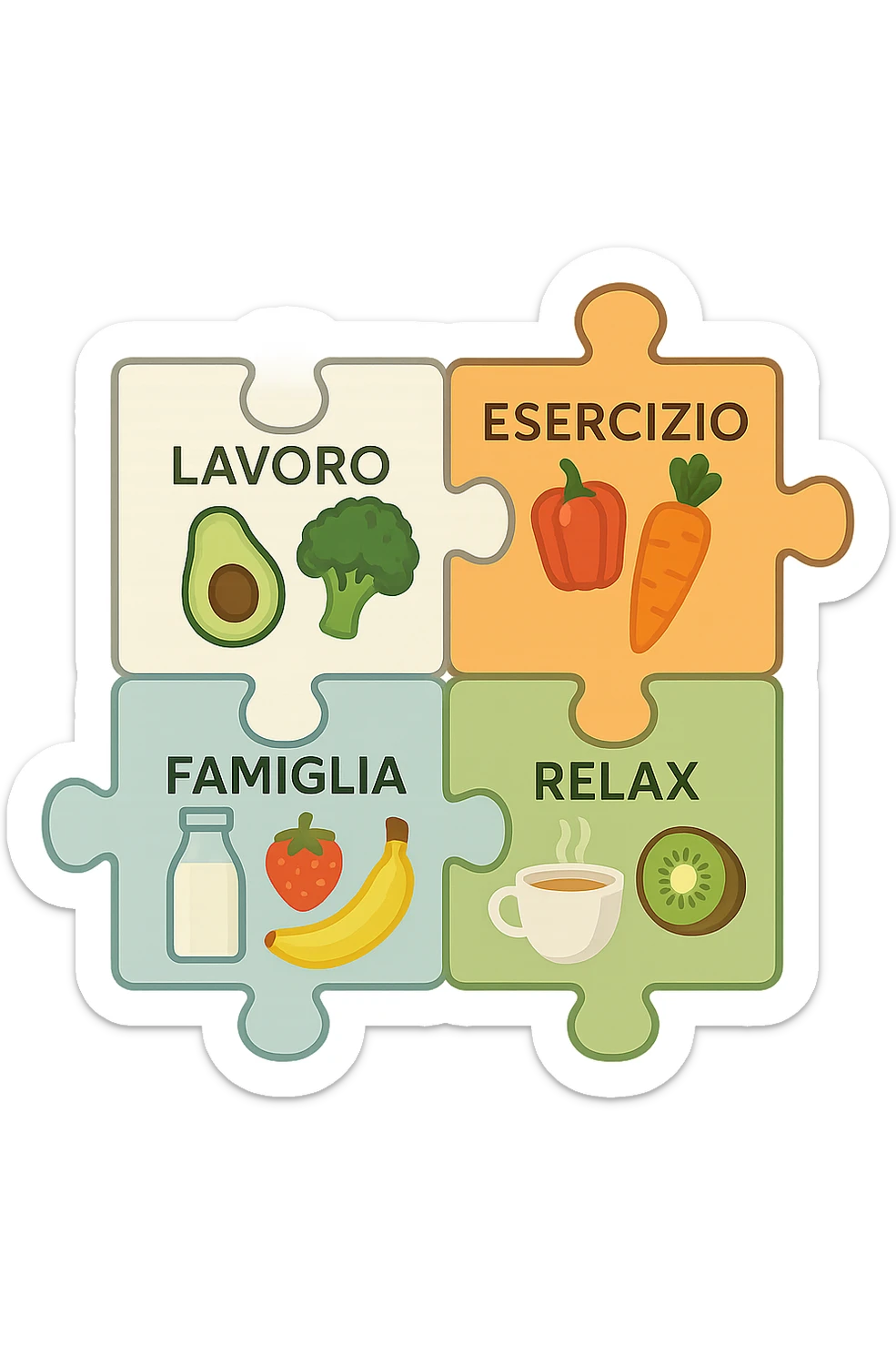 Puzzle (Lavoro, Esercizio, Famiglia, Relax), and healthy foods are integrated into each piece. in italiano sticker