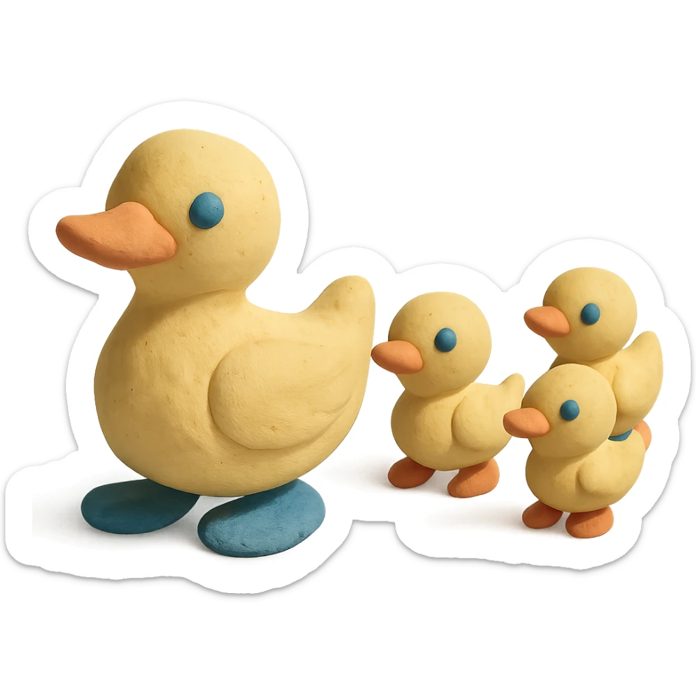 mother duck with ducklings following her, playful and cute, pastel colors, visible fingerprints, claymation style sticker