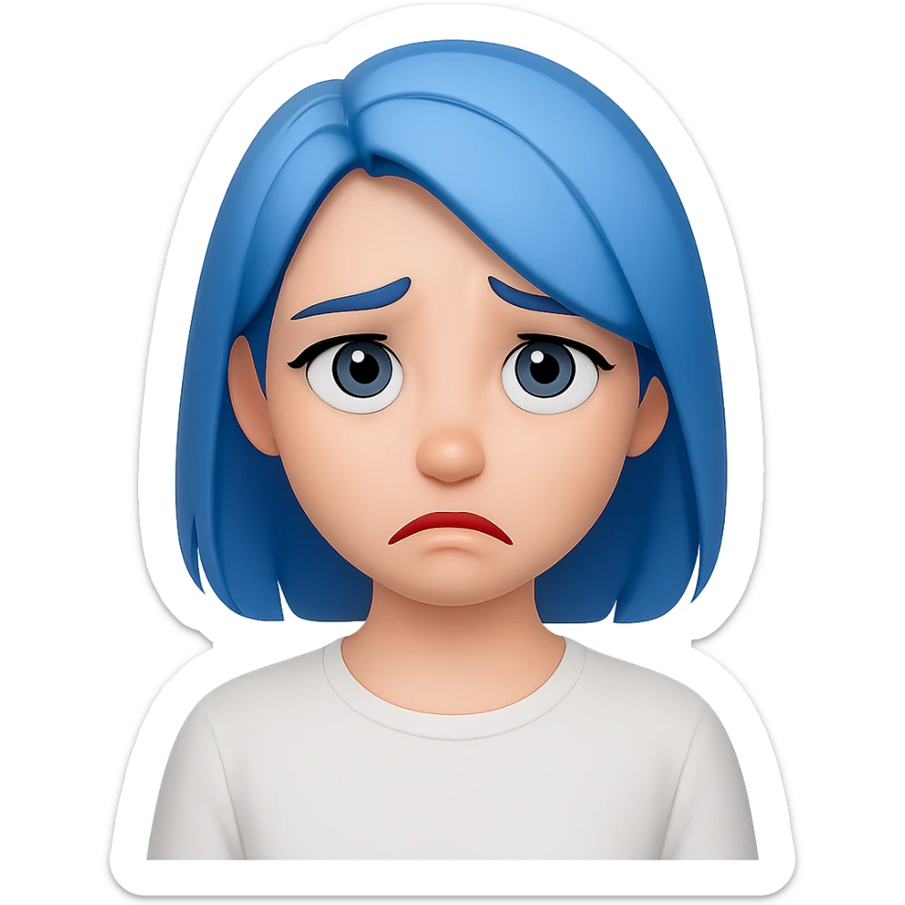 emoji of a girl with blue hair to shoulders, blue eyes, pink lips, wearing a white shirt, sad expression sticker