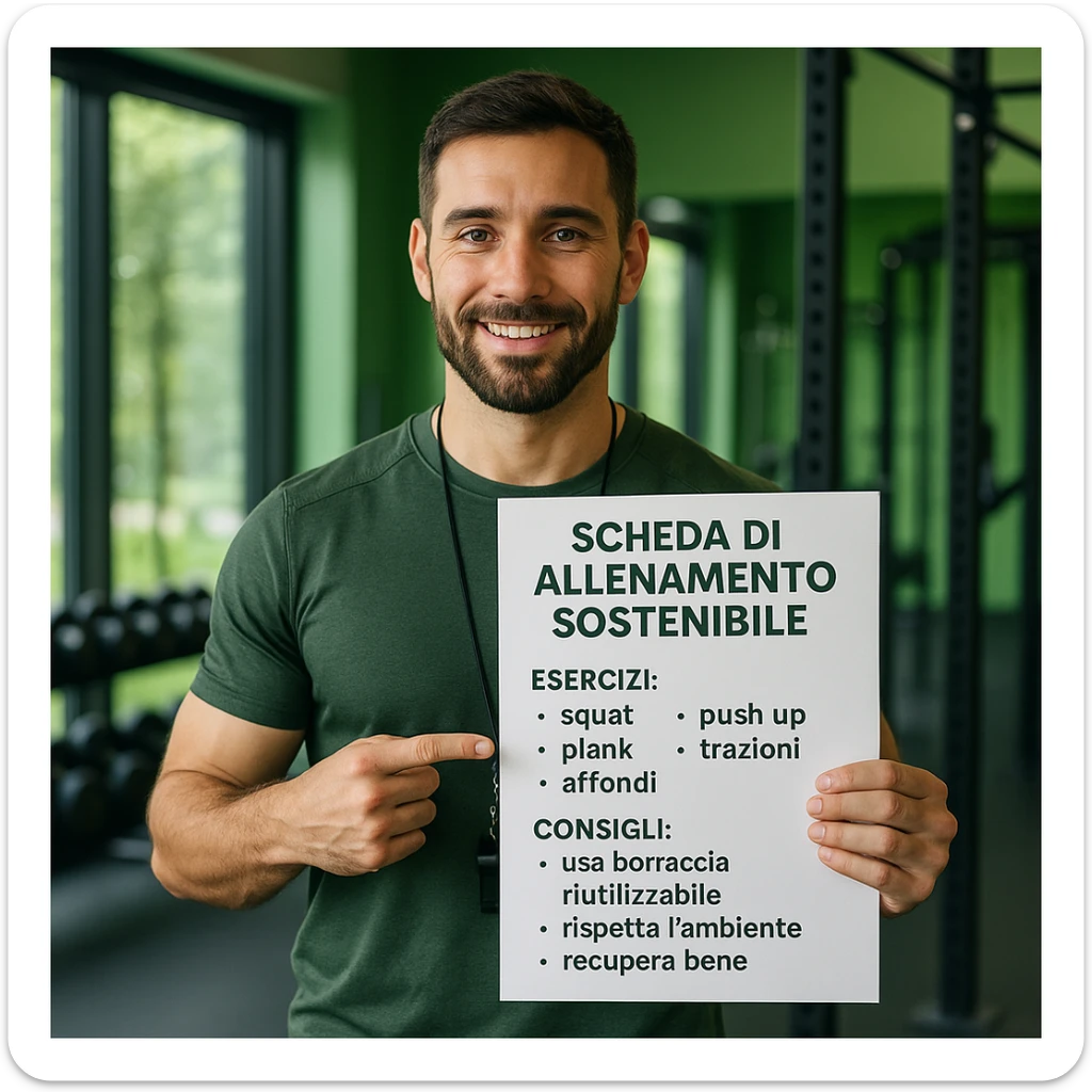 Add Italian text on the sheet that the coach is showing with the following content: 'Scheda di allenamento sostenibile', 'Esercizi: squat, push up, plank, trazioni, affondi', 'Consigli: usa borraccia riutilizzabile, rispetta l’ambiente, recupera bene'. Style should be hyperrealistic, 4K, modern and green gym. sticker