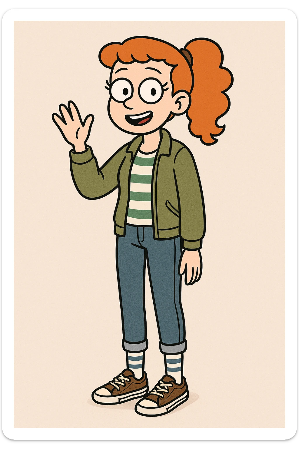 A girl Orange curly ponytail white green stripes ddre sshair jacket jeans blue sports striped socks brown converse women's chuck taylor all star shoreline slip on casual shoe wave and say hello sticker