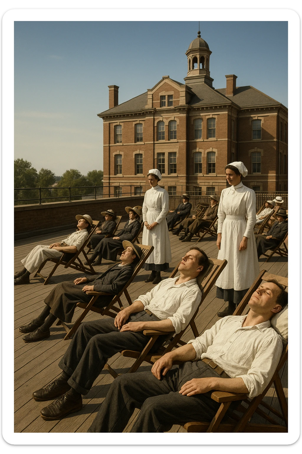 A realistic cinematic image of a hospital rooftop solarium from the 1900s, patients sunbathing under nurse supervision for heliotherapy against tuberculosis and rickets.” sticker