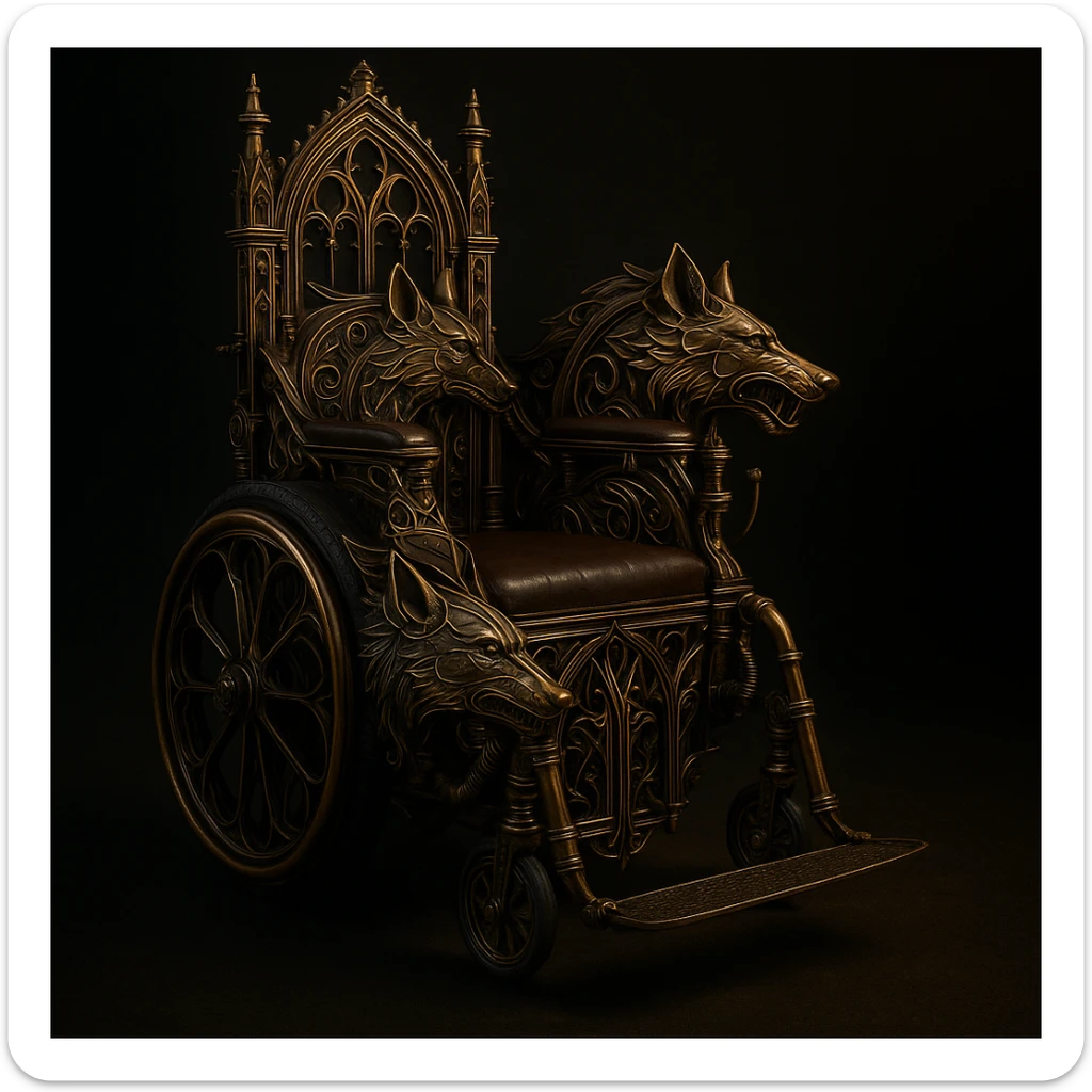 Add a gothic steampunk wolf detail to the wheelchair, keeping brass and iron materials, gothic arches, mechanical embellishments, and a moody atmosphere. The design should reflect a gothic steampunk style with a focus on metalwork and architectural gothic elements. sticker