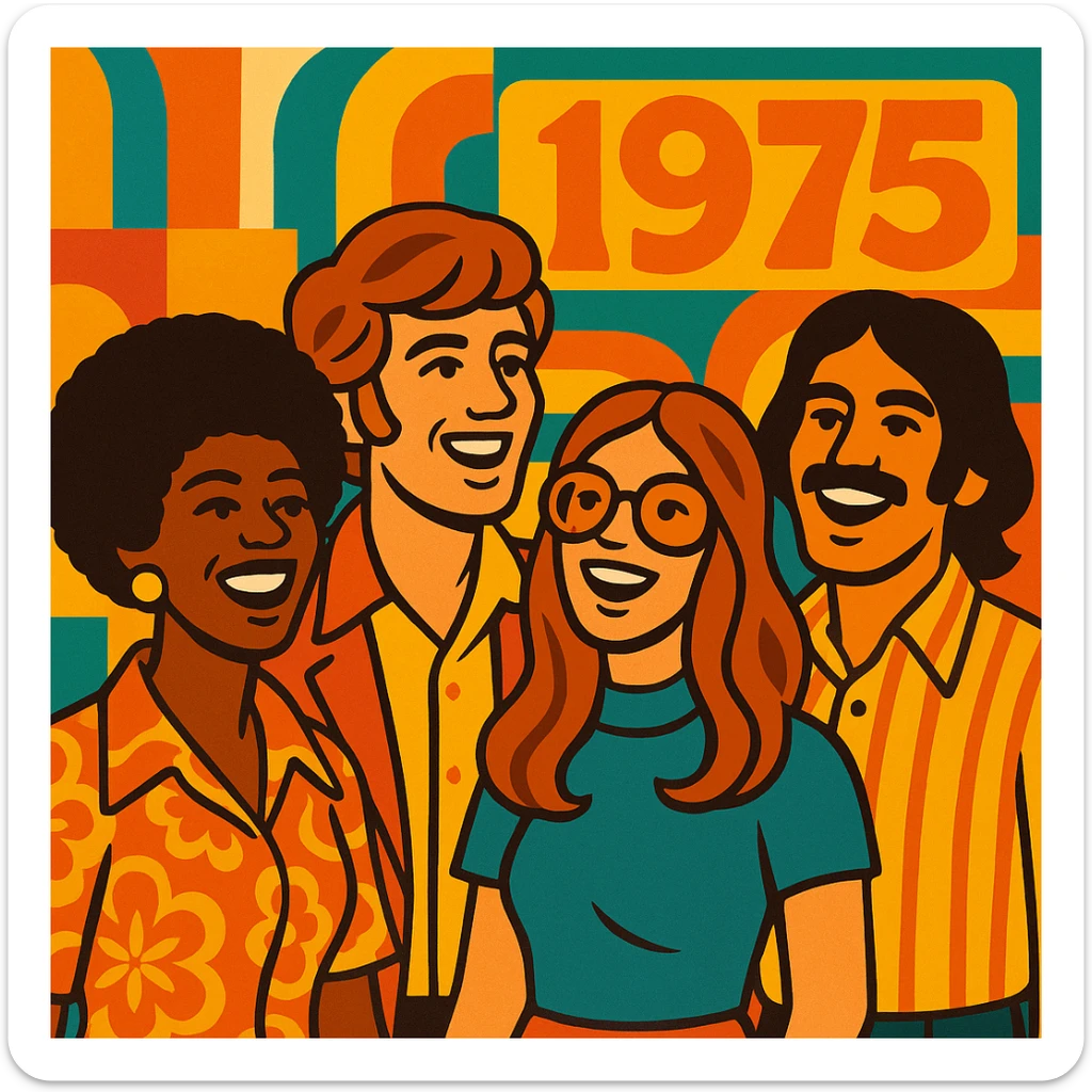 four people looking happy, inspired by the year 1975, retro fashion and hairstyles, vibrant and joyful atmosphere sticker