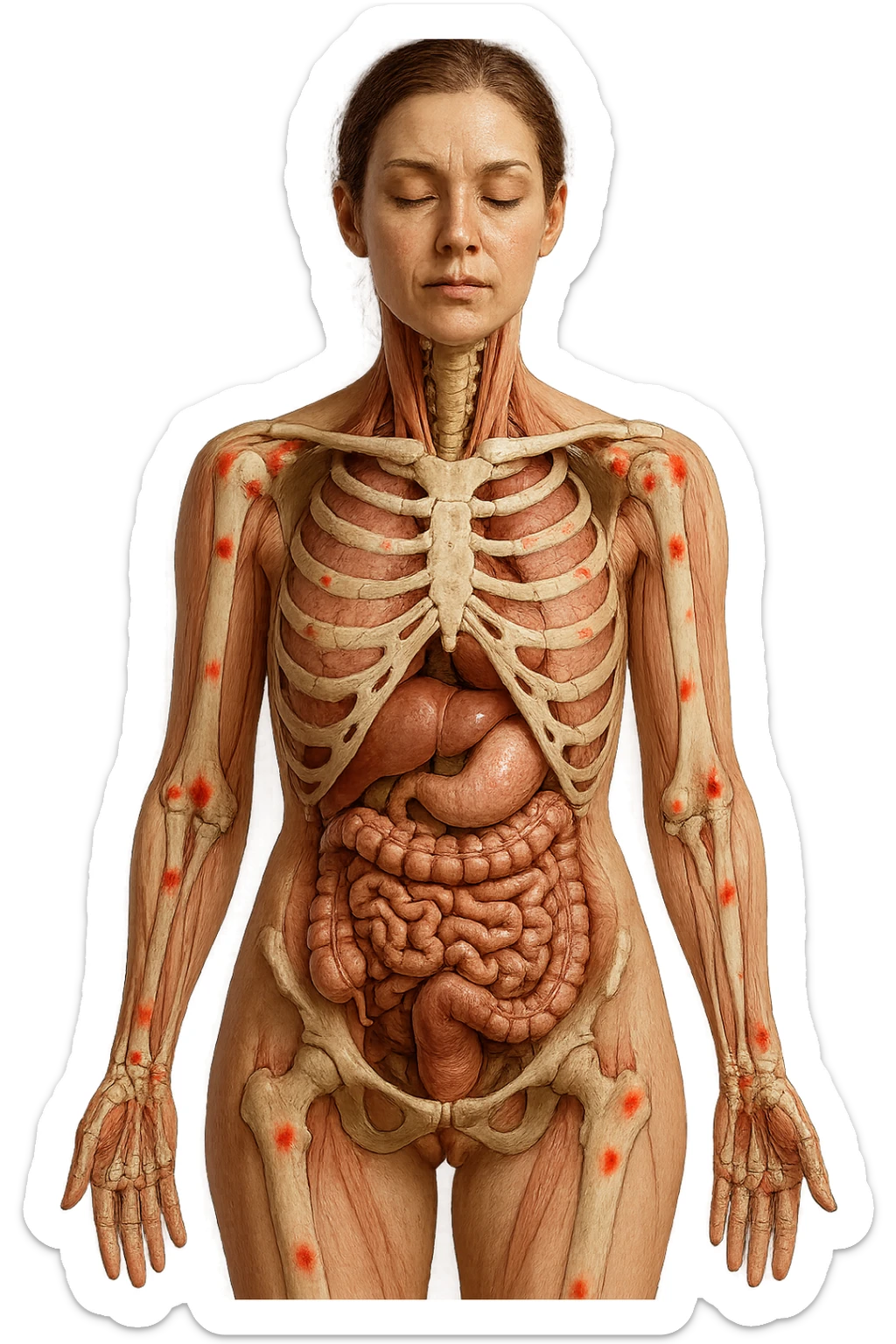corpo umano anatomico di una donna affetta da fibromialgia, intestino anatomico realistico e red spot sparsi sulle sue ossa, iperrealistica 4k sticker