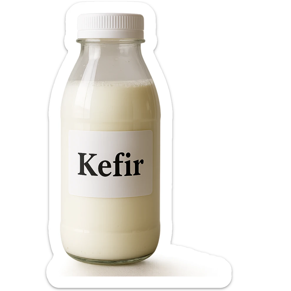 photo realistic transparent bottle of kefir with the label 'Kefir' in Italian sticker