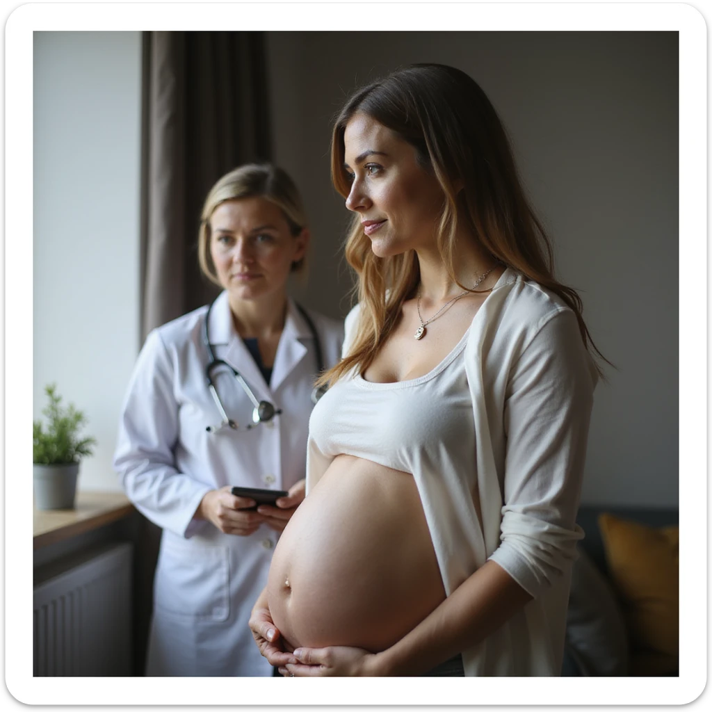 realistic pregnant woman in 4K consulting doctor or nutritionist listening to advice about avoiding raw salmon to protect baby sticker