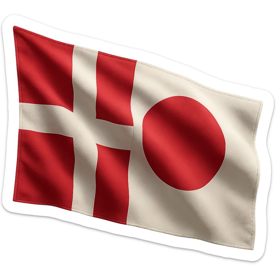 photo-realistic hybrid of Denmark and Japan flags with visible stitching, waving in the wind, no background sticker