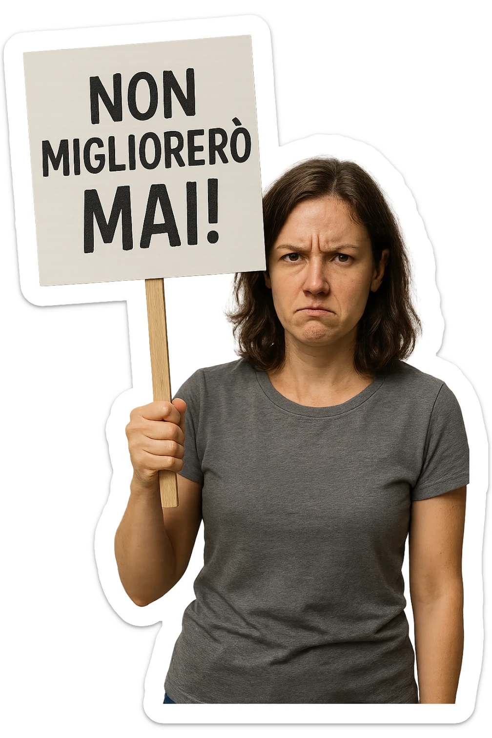 DONNA CHE TIENE UN CARTELLO IN MANO CON LA SCRITTA "NON MIGLIORERò MAI!", iperrealistico 4k sticker