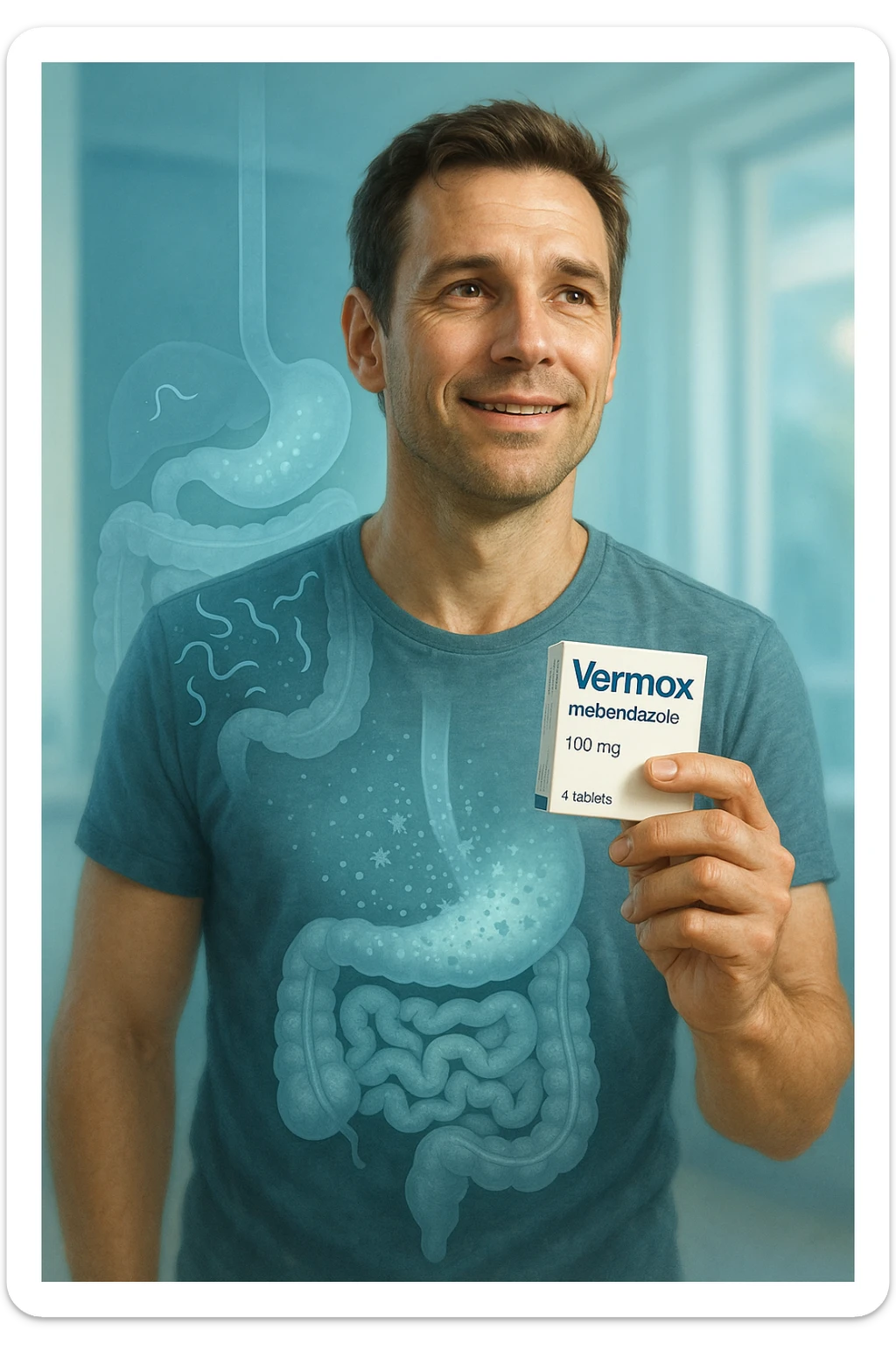 A realistic, cinematic illustration of a man in his late 30s holding a small white box of ‘Vermox’ (mebendazole) in one hand, with a relieved and hopeful expression on his face. Behind him, a semi-transparent overlay shows his digestive tract where small, symbolic worm-like parasites are dissolving and disappearing, indicating the medication’s effect. The environment is clean and bright, with a medical yet hopeful tone, conveying the concept of effective parasite removal. Subtle blue and green tones symbolize cleansing and health restoration, while the man appears energized and ready to reclaim his well-being sticker