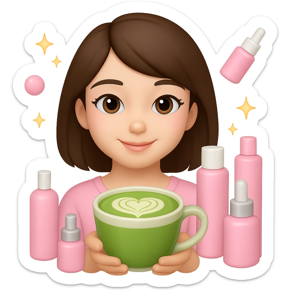 Create an Apple emoji style square profile picture of a girl with short dark brown hair and brown eyes, pink soft girl aesthetic, holding a matcha latte, surrounded by pink skincare and makeup bottles, sparkles, gentle and cute vibe. The style should mimic Apple emojis with a soft and polished look. sticker