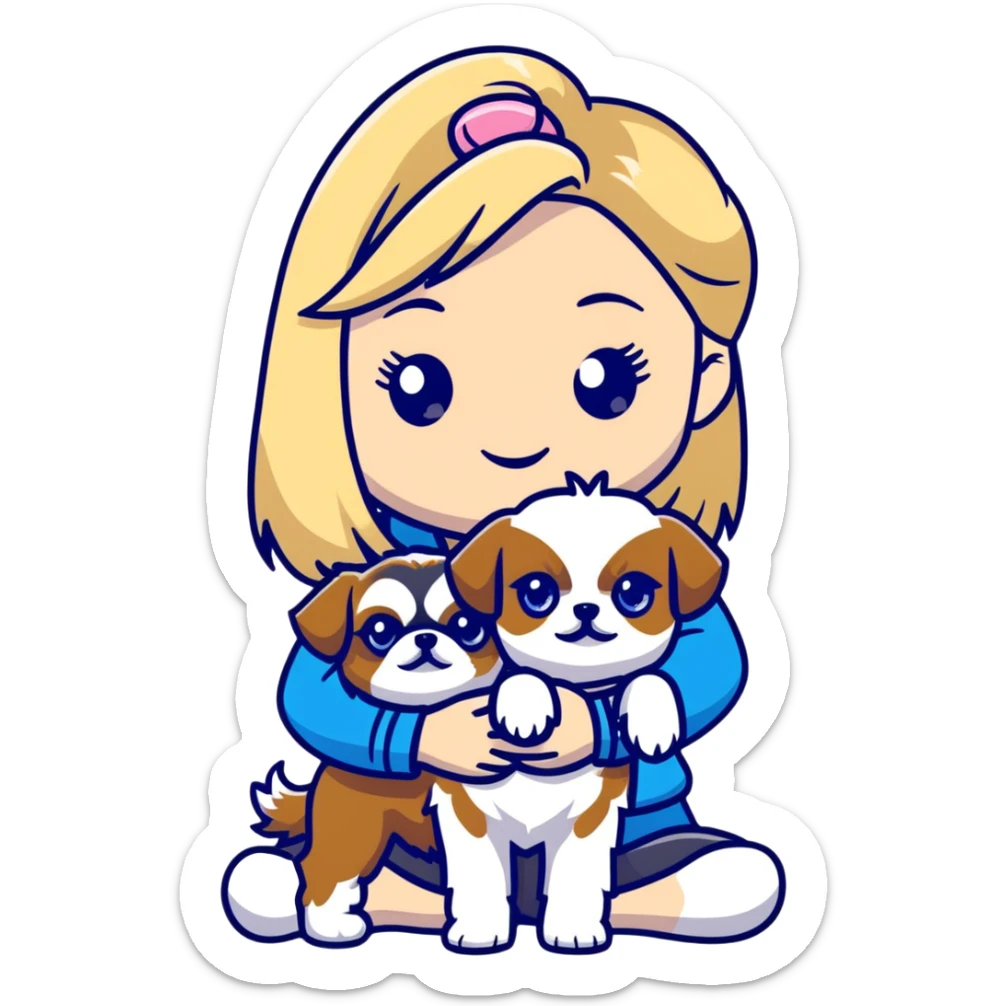 White blond girl with long hair and blue eyes holding a small female shih tzu dog sticker