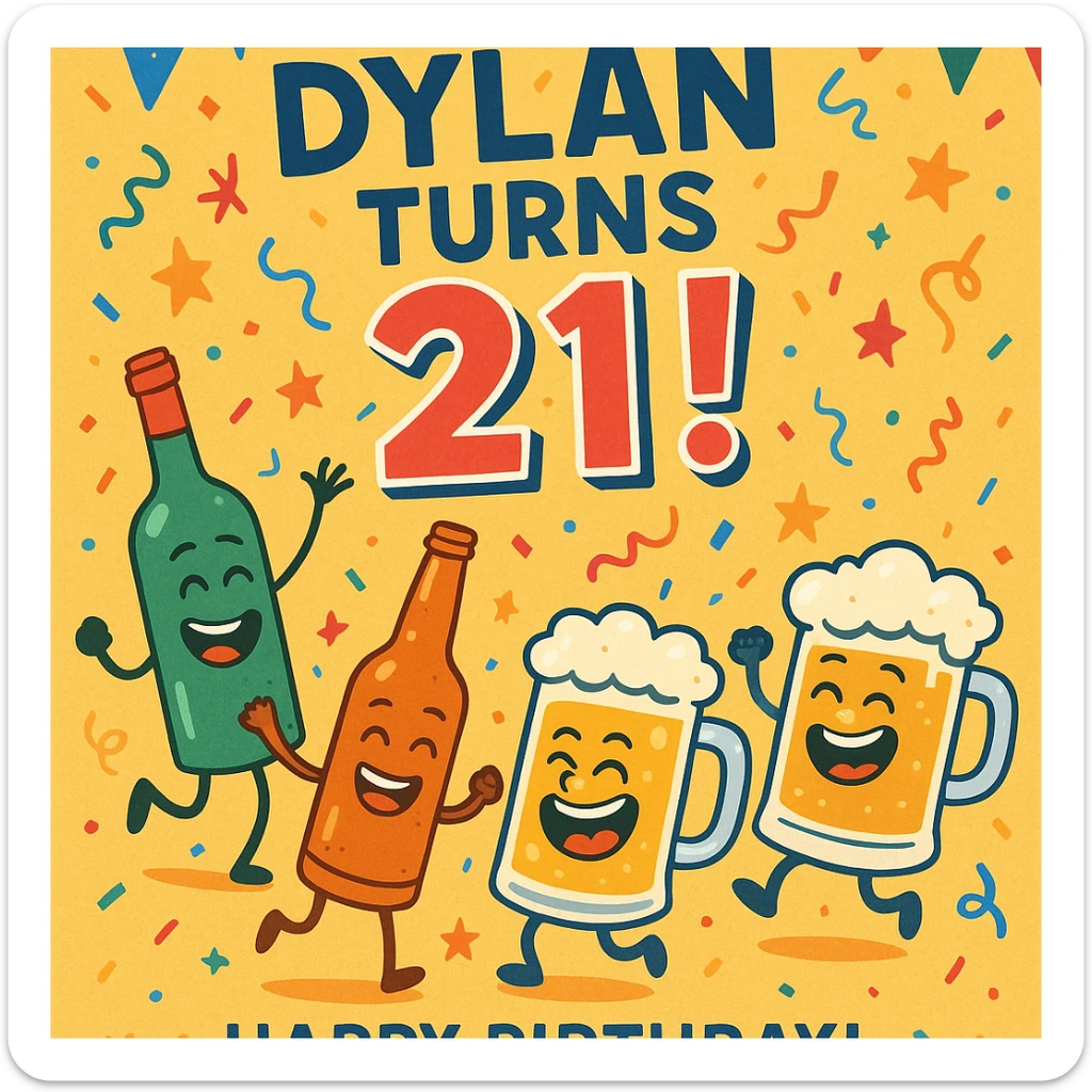 Digital birthday card for Dylan's 21st birthday with a wild party vibe, cartoon alcohol characters like dancing bottles and laughing beer mugs, headline 'Dylan Turns 21!', bright festive palette, and a humorous message about legal drinking. sticker
