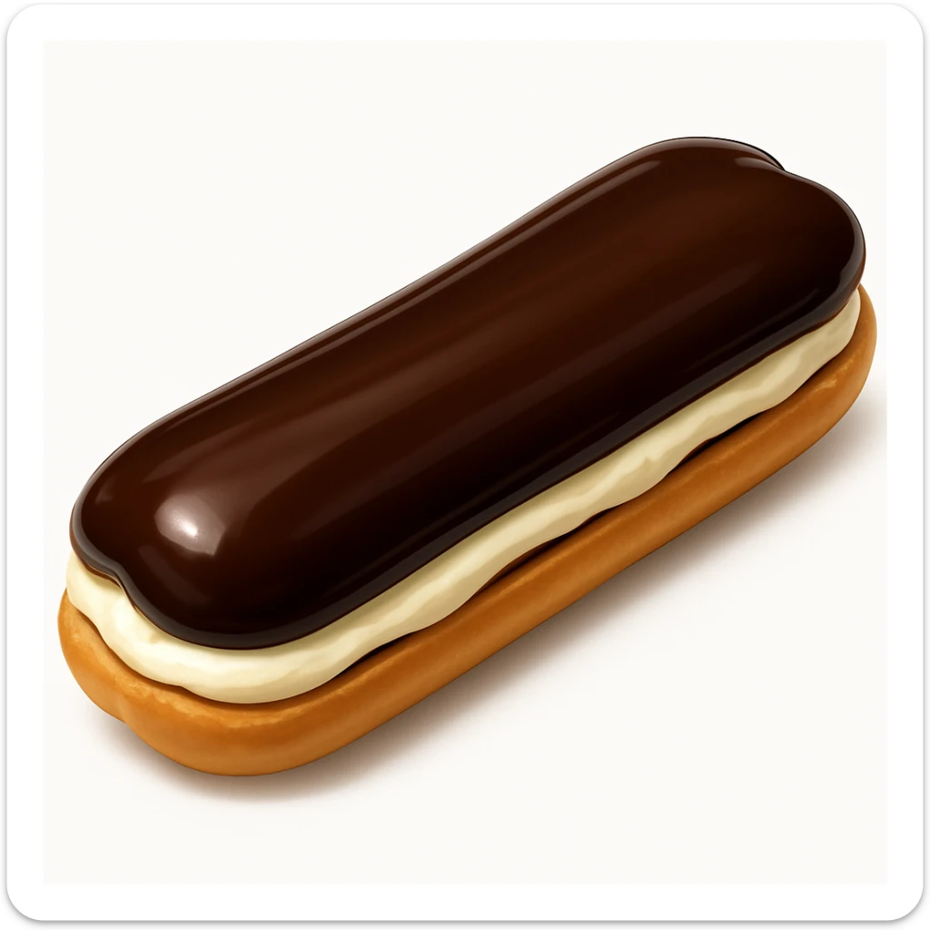 Add a glossy chocolate glaze on top of the dairy-filled eclair with cream showing, keeping the style and background the same as the original image. sticker