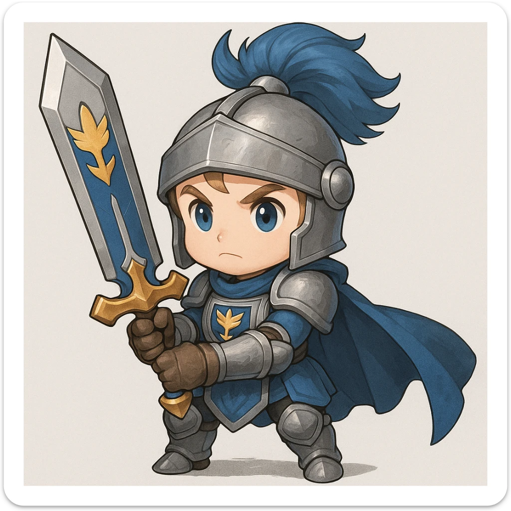 Add a Demacian crest to the chestplate and sword of the chibi baby knight, maintaining the blue and silver armor and noble expression, in a style that matches the original image's cute and noble baby knight appearance. sticker