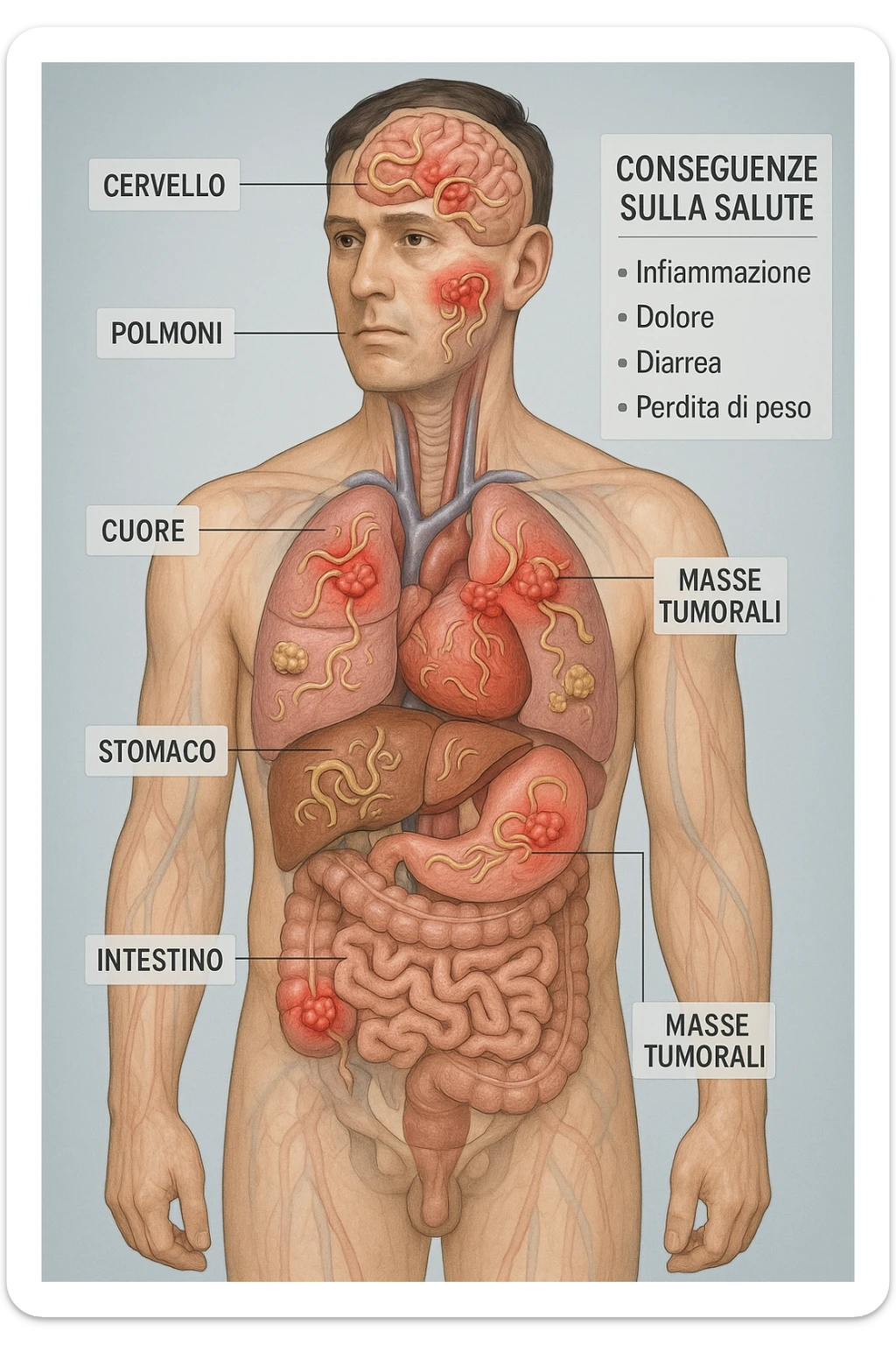 a semi-transparent view of a man’s body reveals numerous parasitic organisms inside his organs and tissues. Some areas are highlighted with red or inflamed zones, and small tumor-like masses are visible where the parasites cluster. The background is clinical and educational, with labels pointing to affected organs and a sidebar showing the health consequences. scritto in italiano sticker