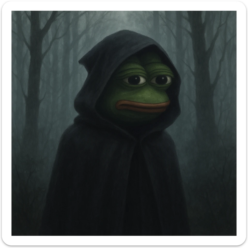 Пэпэ with a dark cloak and a mysterious aura, standing in a foggy forest sticker
