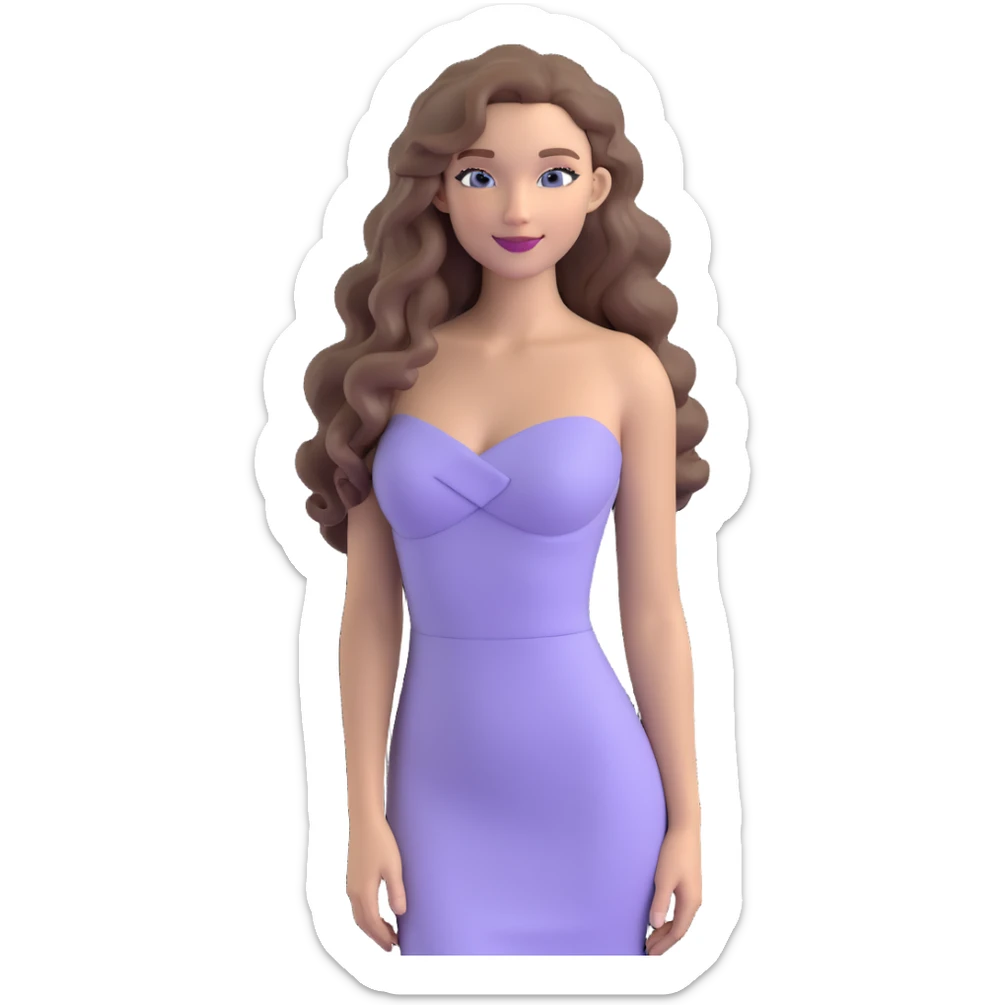 emoji of a stylish woman with a gentle smile, long, a bit curly light ash brown hair, blue eyes, nude lipstick, wearing a body-hugging light purple dress, chic and modern look sticker