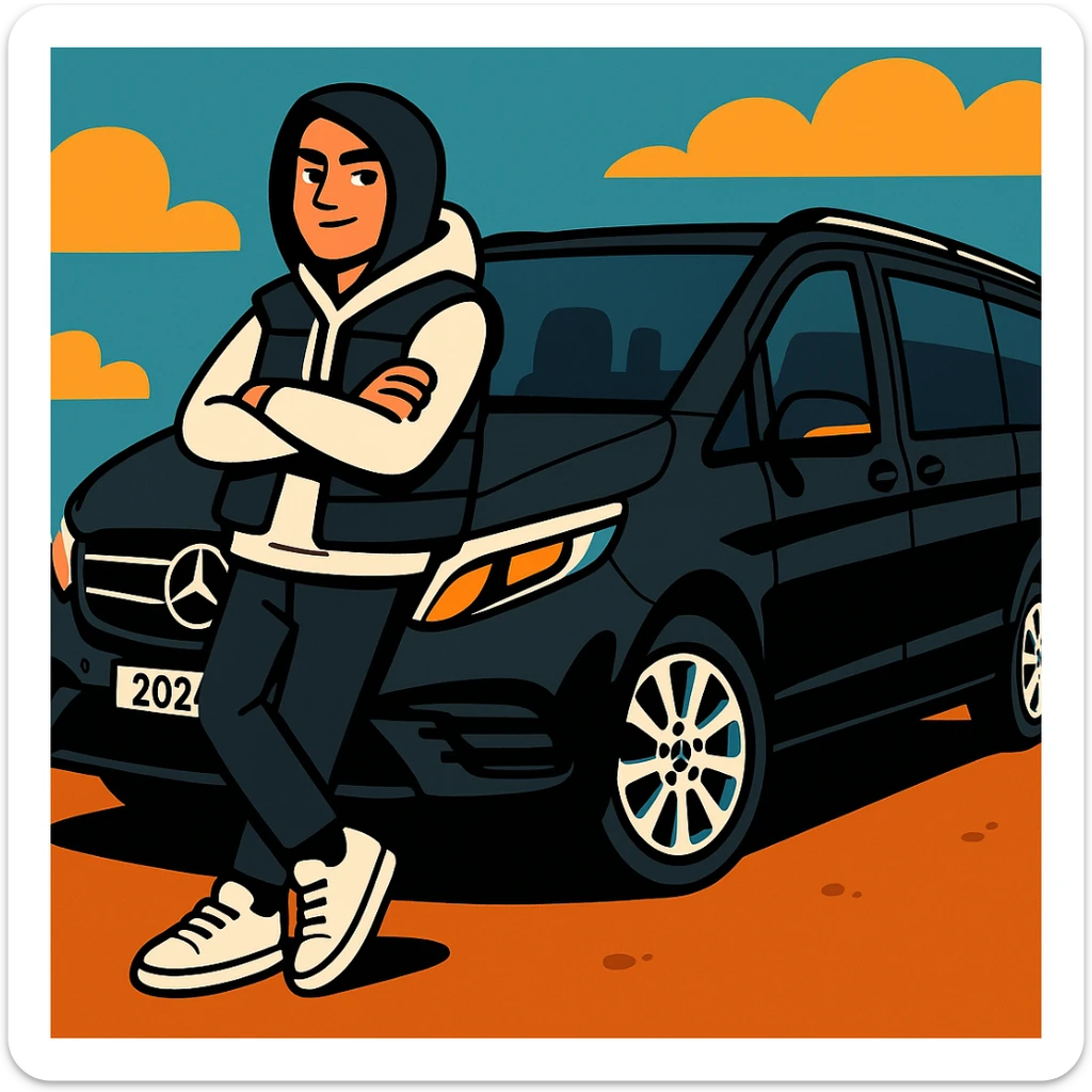 stylish male character in white sneakers, black pants, white hoodie, black vest, hood up, leaning on a black 2024 Mercedes-Benz V-Class Extra Long 300 d, vibrant toon style sticker