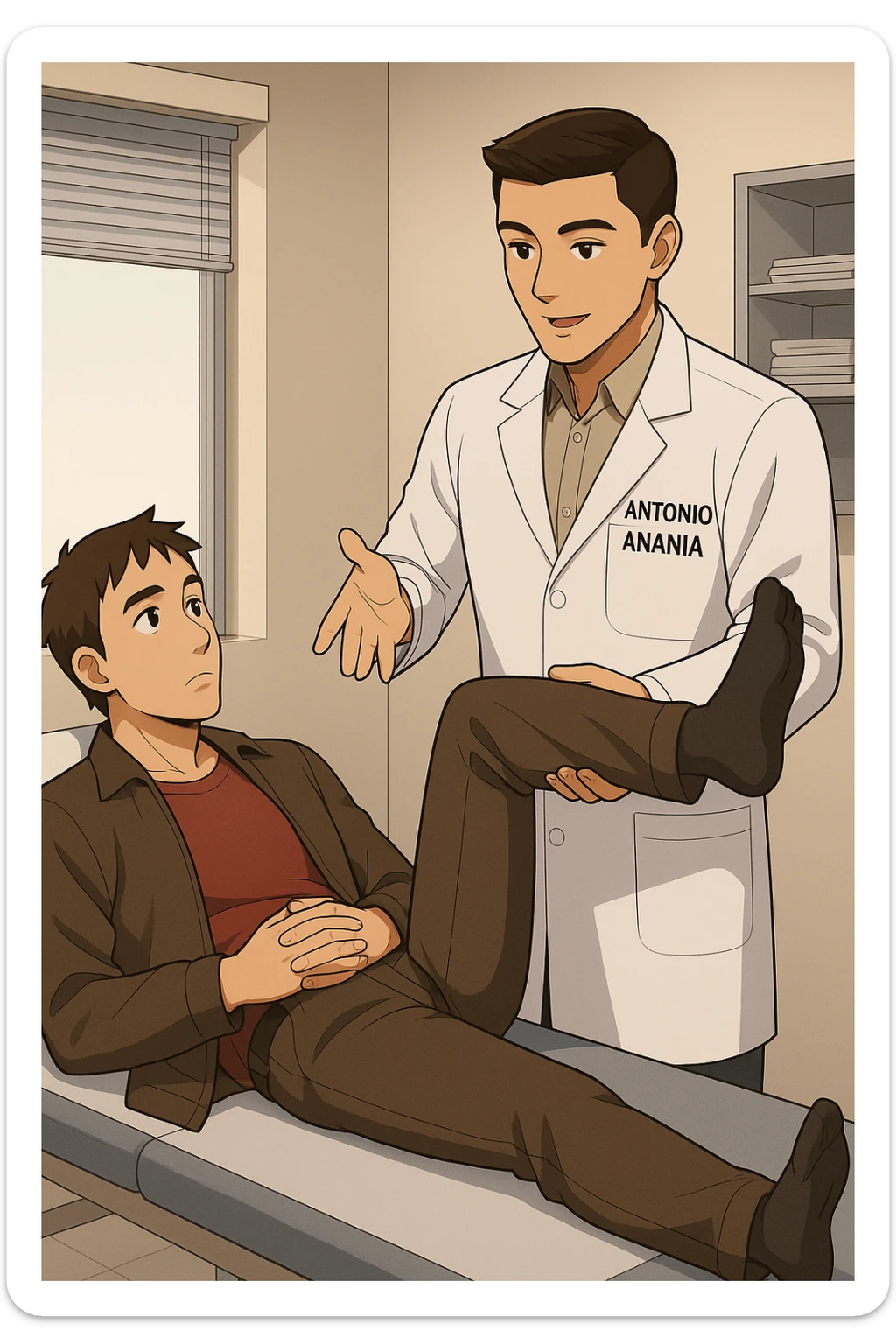 fai un webtoon manga a colori con questo stile, in cui un uomo è steso sul lettino medico e il kinesiologo con il camice bianco (fagli anche la scritta "ANTONIO ANANIA" SUL CAMICE, gli solleva una gamba per fargli il test neuromuscolare, IL KINESIOLOGO SPIEGA ALL'UOMO UNA cosa mentre gli alza la gamba. non fare i fumetti però, fai solo in modo che sembri stiano parlando, il lettino fai in modo che si veda tutto intero sticker