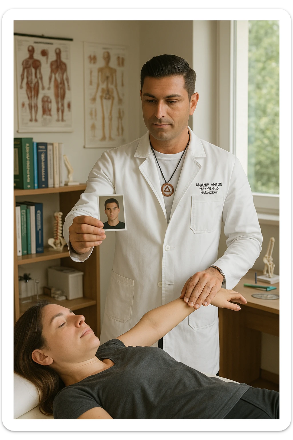 a middle-aged man, dressed in casual professional attire, is in a bright, organized therapy studio. Durante una visita di kinesiologia, il ragazzo tiene con una mano la foto di una persona lontana (il “testimone”) tiene la foto in mano, mentre con l’altra mano esegue un test muscolare su un cliente presente senza foto. Sullo sfondo si vedono libri di kinesiologia, poster anatomici e strumenti tipici della disciplina. L’atmosfera è concentrata e serena, con luce naturale che entra dalla finestra, sottolineando l’aspetto alternativo e umano della pratica. sticker