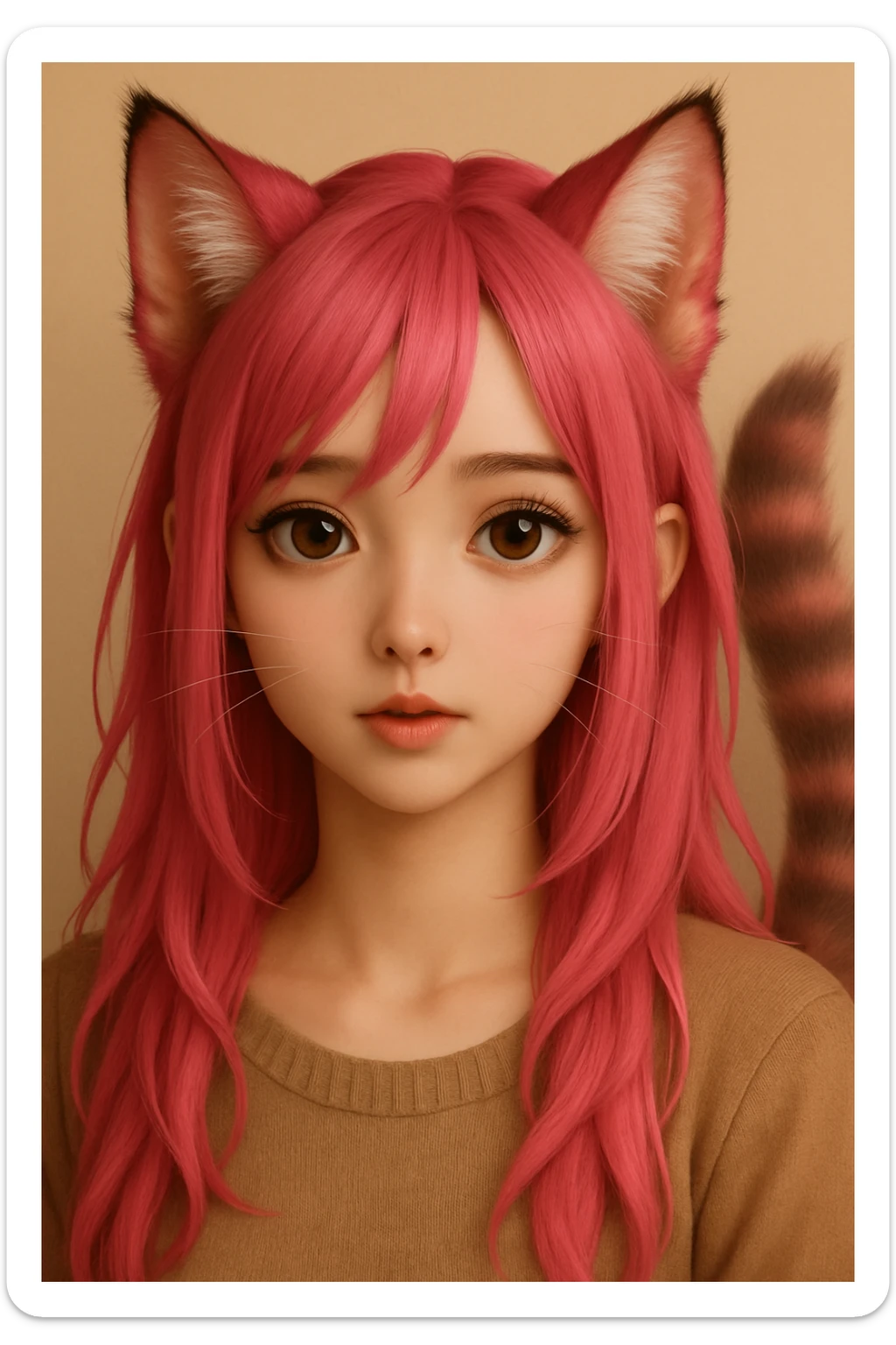 Change the hair color to vibrant pink while keeping the realistic anime catgirl style with enhanced cat-like features, preserving the overall look and feel. sticker