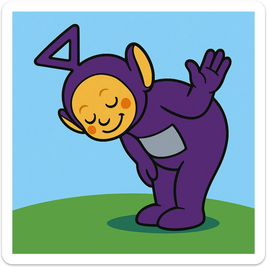 Tinky Winky from Teletubbies bowing politely at a 90-degree angle and waving, vibrant cartoon style, simple background sticker